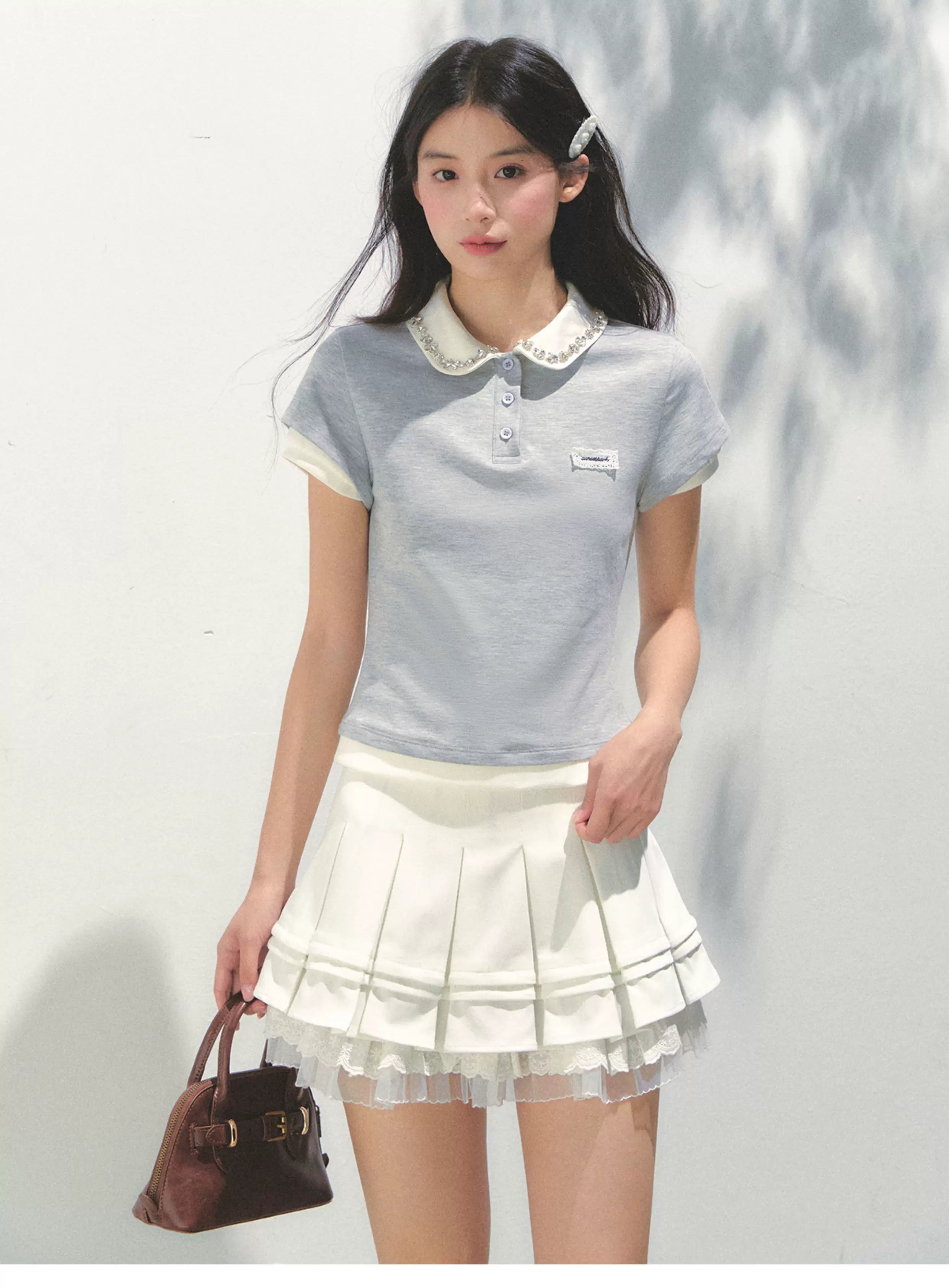 SunsetPark Splicing Fake Two-piece Polo Rhinestone Collar Tee