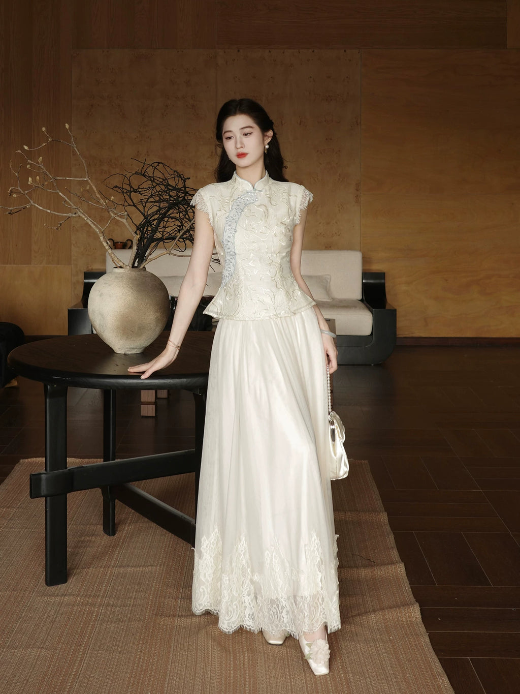 ZIHE Tencel Embroidered Tee Mesh Lace Skirt Set