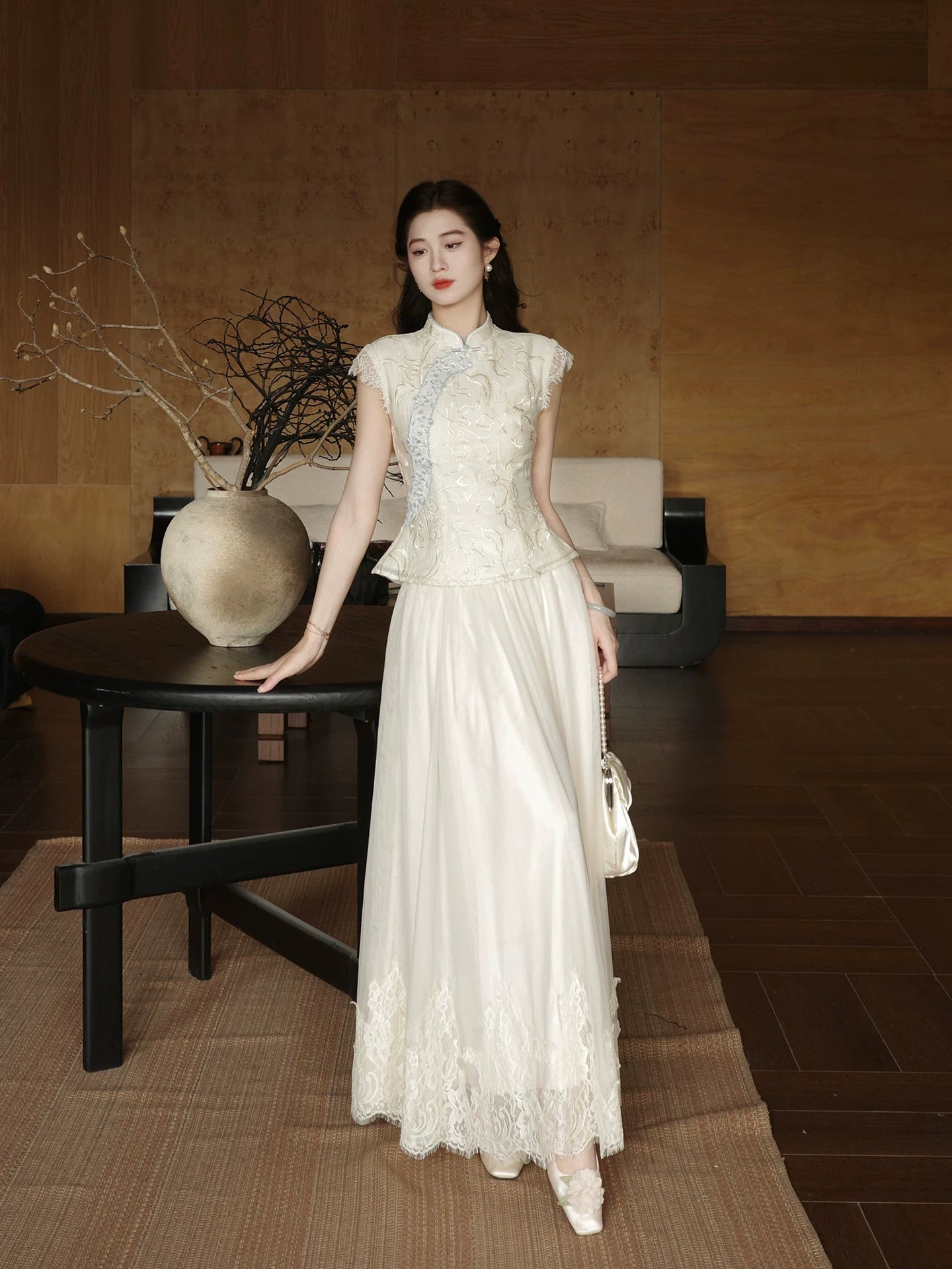 ZIHE Tencel Embroidered Tee Mesh Lace Skirt Set