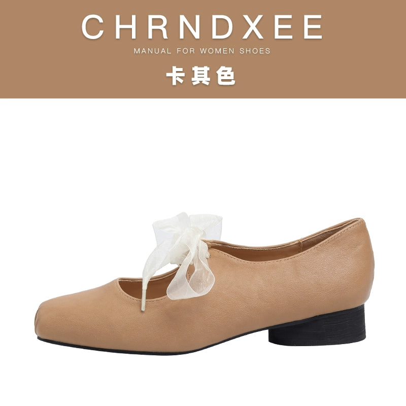 CHRNDXEE Soft Leather Versatile Low-heeled Shoes