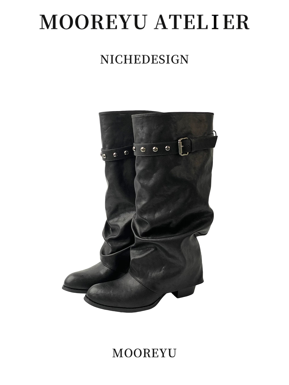 Mooreyu Versatile Rivet Pleated Stack Belt Buckle Boots