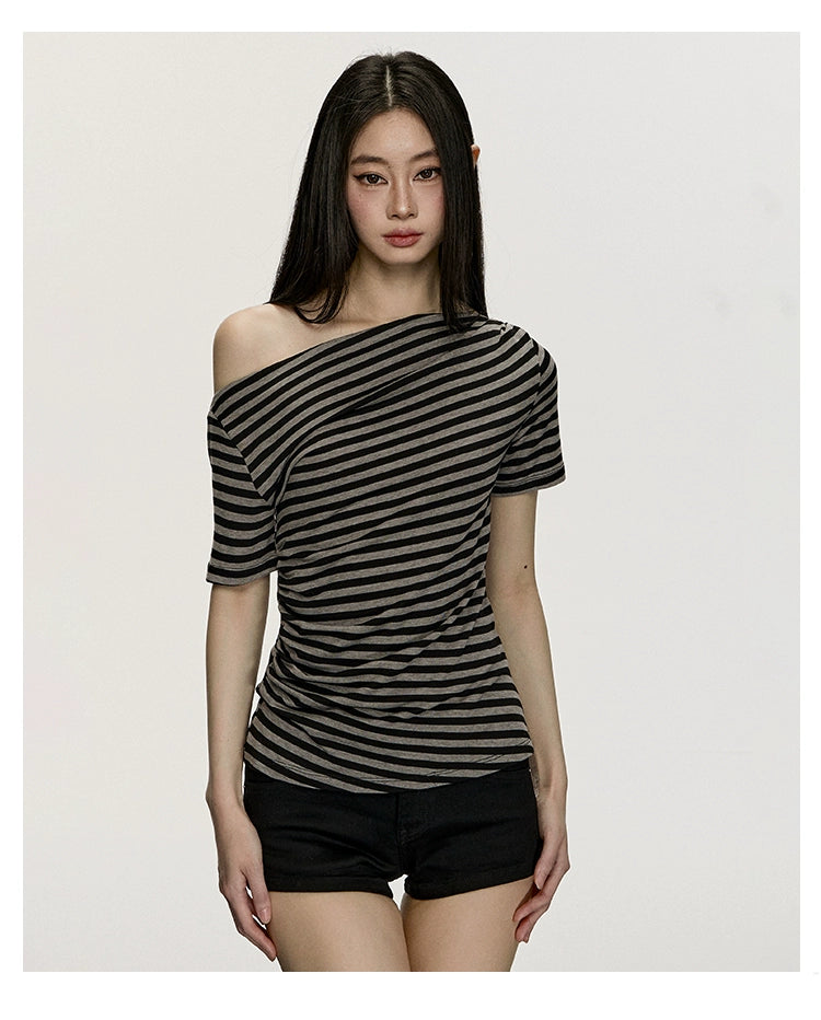 Anna Aneae Slanted Shoulder Striped Loose Tee