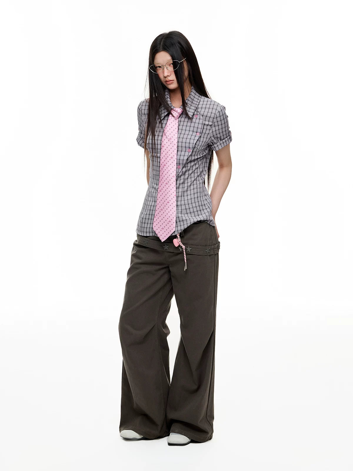 JIKOO Contrasting Checked Waist Shirt