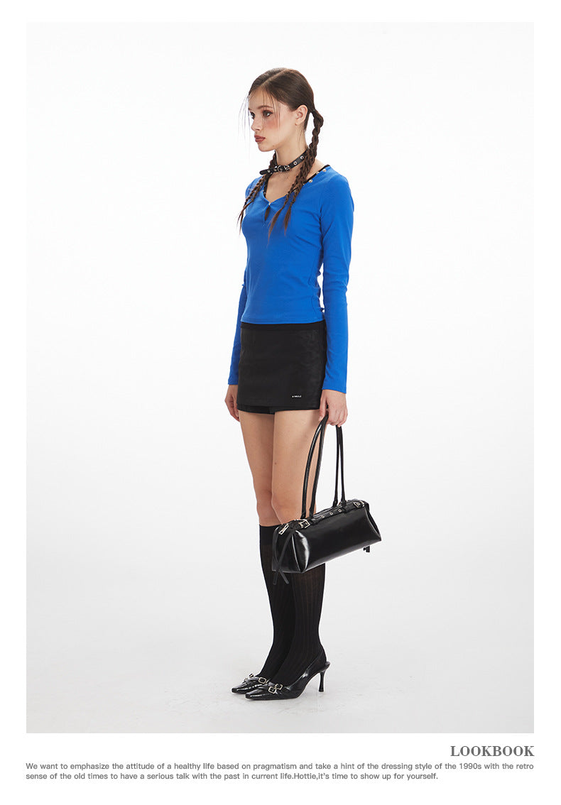 Nariele Big V-Neck Contrast Color Slim Skinny Long Sleeves