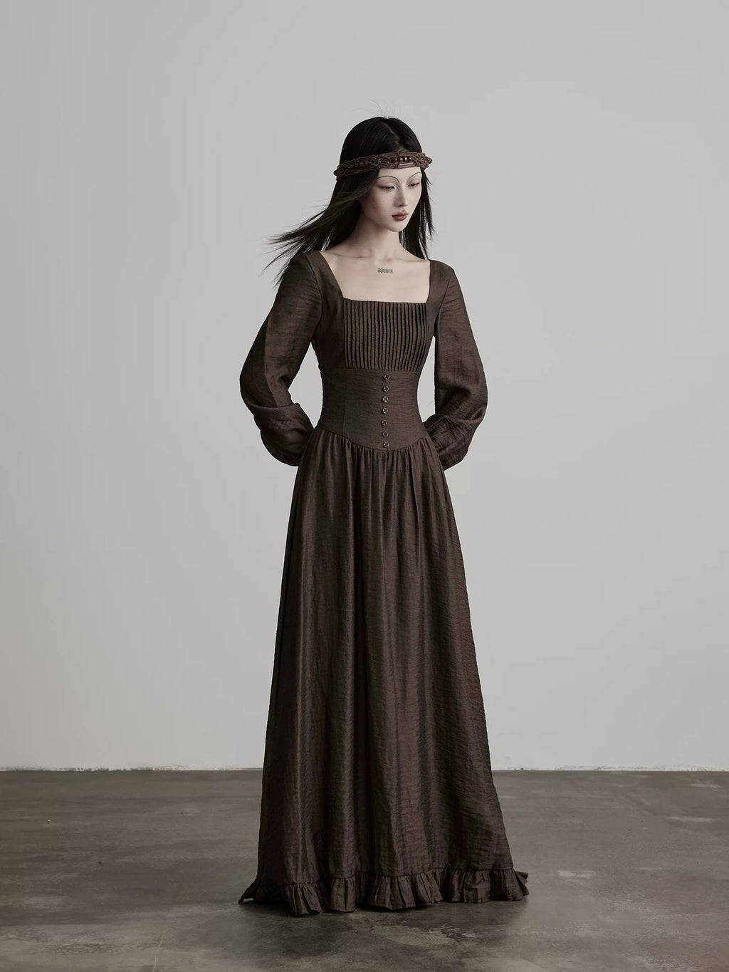 INDULG Square Neck Waist Flared Sleeve Dress