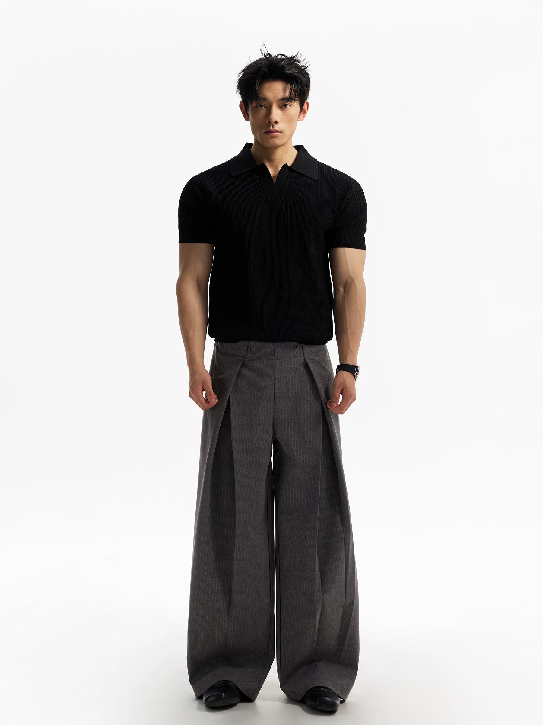 DAY NY Striped Wide-leg Pleated Straight Trousers