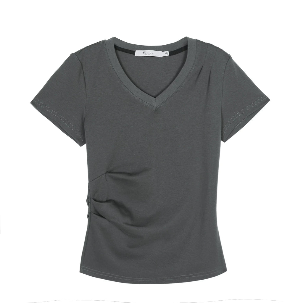 XUJING Pleated Front Shoulder Slim and Thin Tee