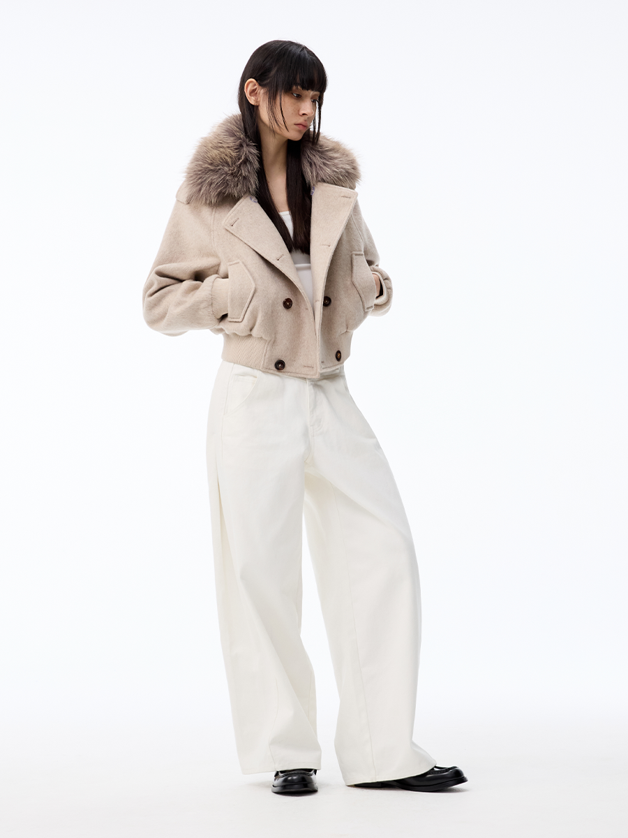 JCAESAR WOMEN Removable Fur Collar Double-breasted Short Woolen Coat