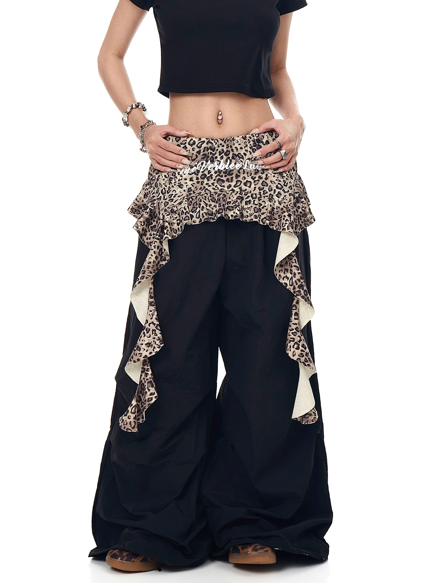 BLACKLISTS Leopard Print Splicing Pleats Stacked Fake Two-piece Pants
