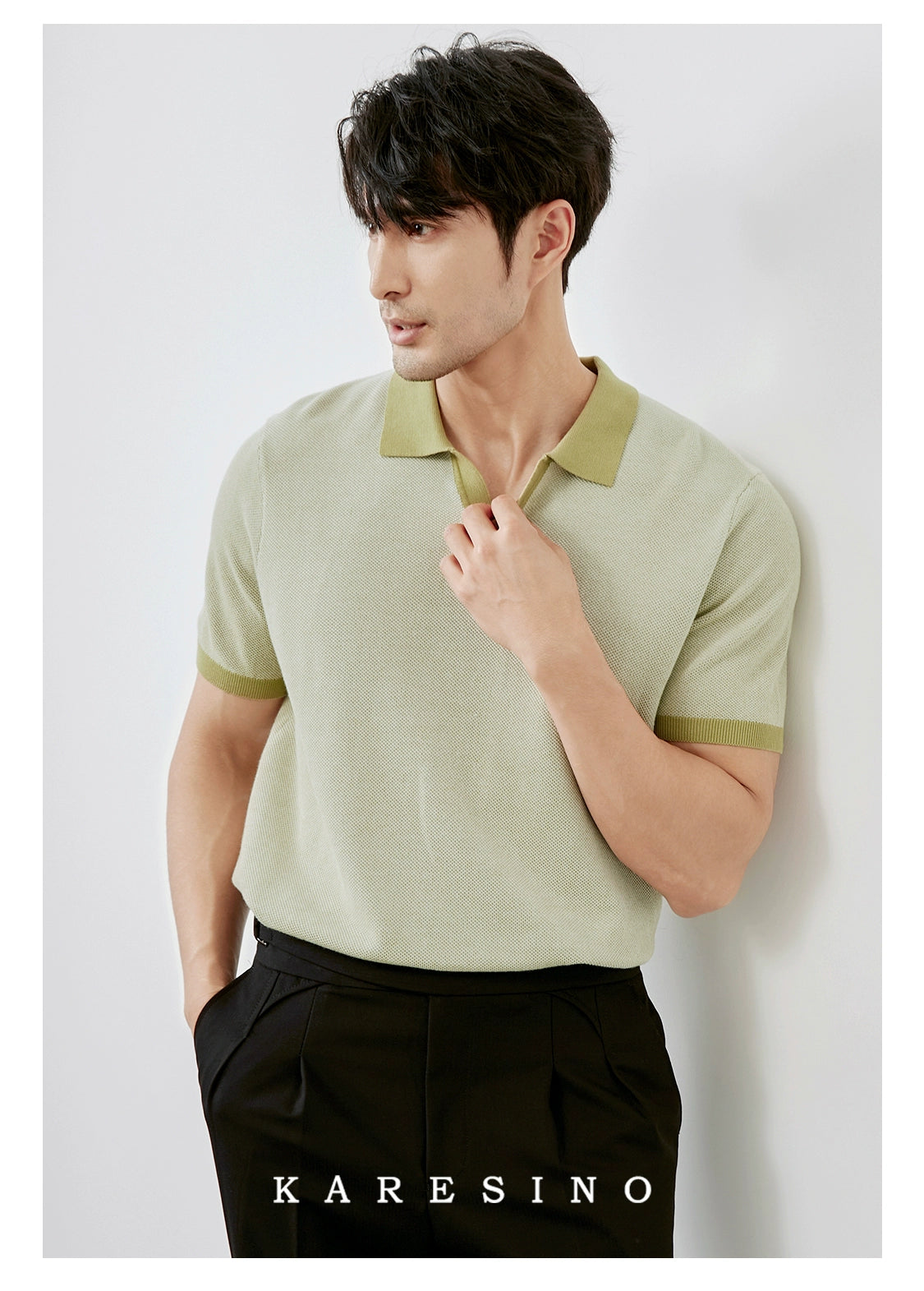 KARESINO Breathable Cotton Lapel-neck Knitted Polo Shirt