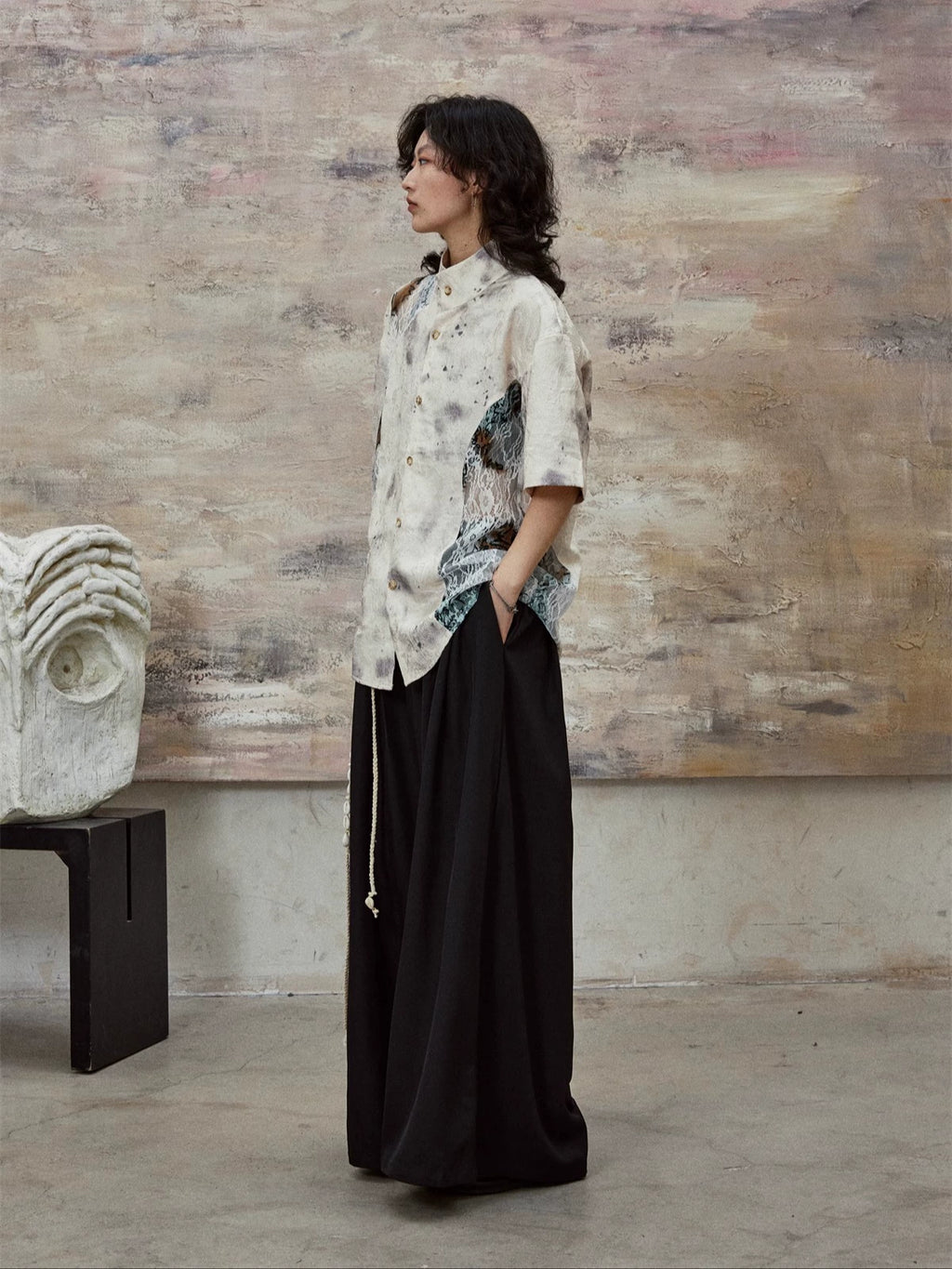 SUNYVONNE Ink Splashing Lace Stitching Retro Shirt