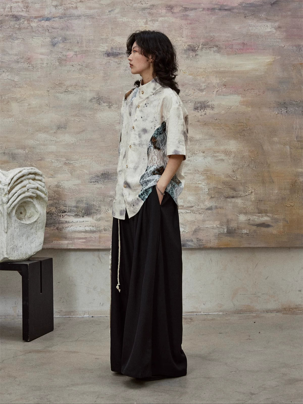 SUNYVONNE Ink Splashing Lace Stitching Retro Shirt