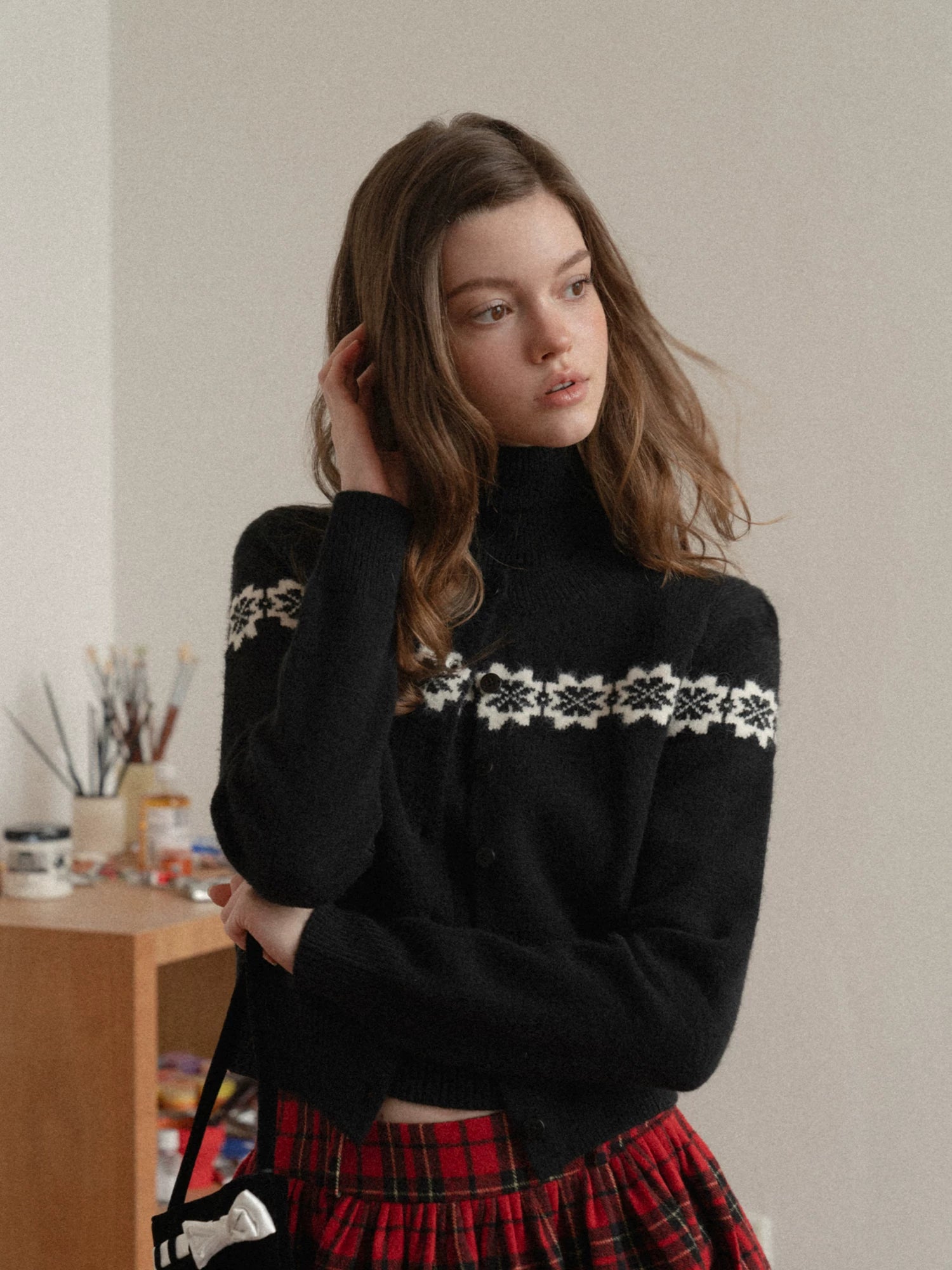 EGGKA crew neck jacquard cardigan + turtleneck short-sleeved knitted sweater