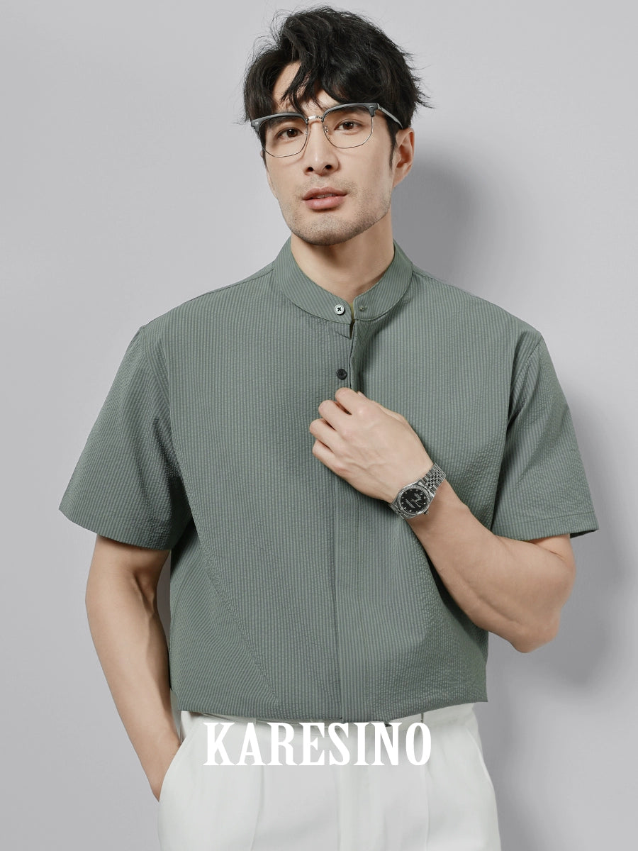 KARESINO Stand-up Collar Casual No-iron Striped Short-sleeved Shirt
