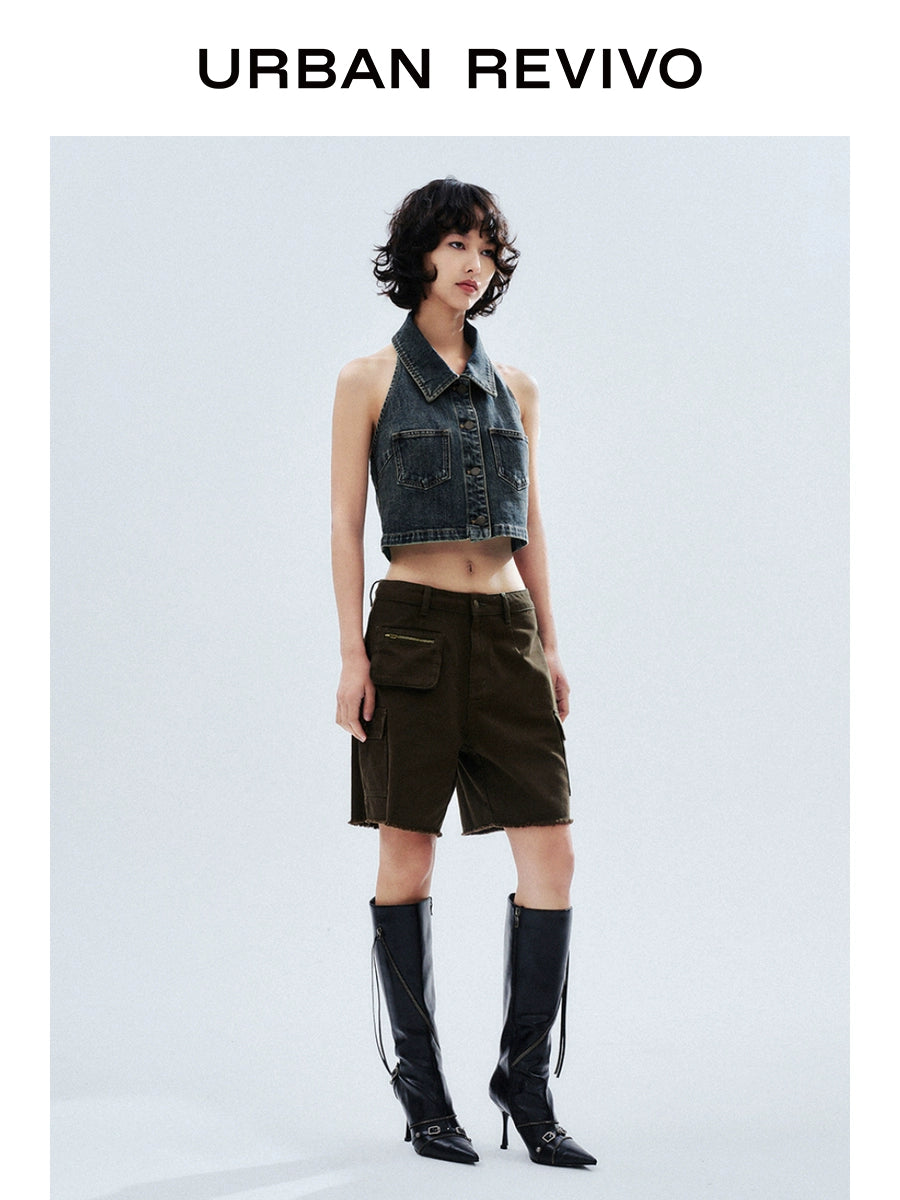 URBAN REVIVO Neck Halter Sleeveless Denim Shirt