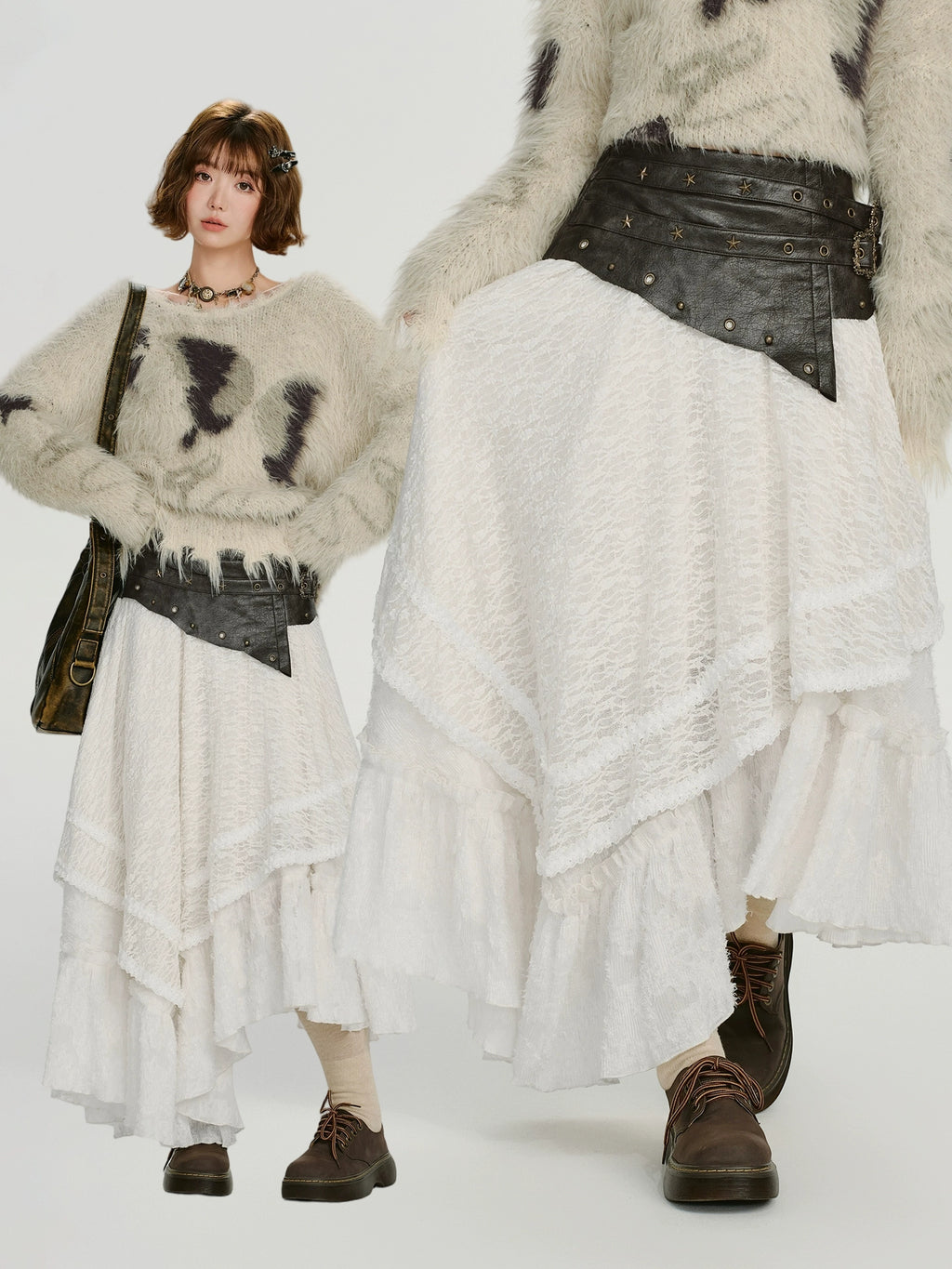 Girlyhalo Vintage Patchwork Leather Irregular Skirt