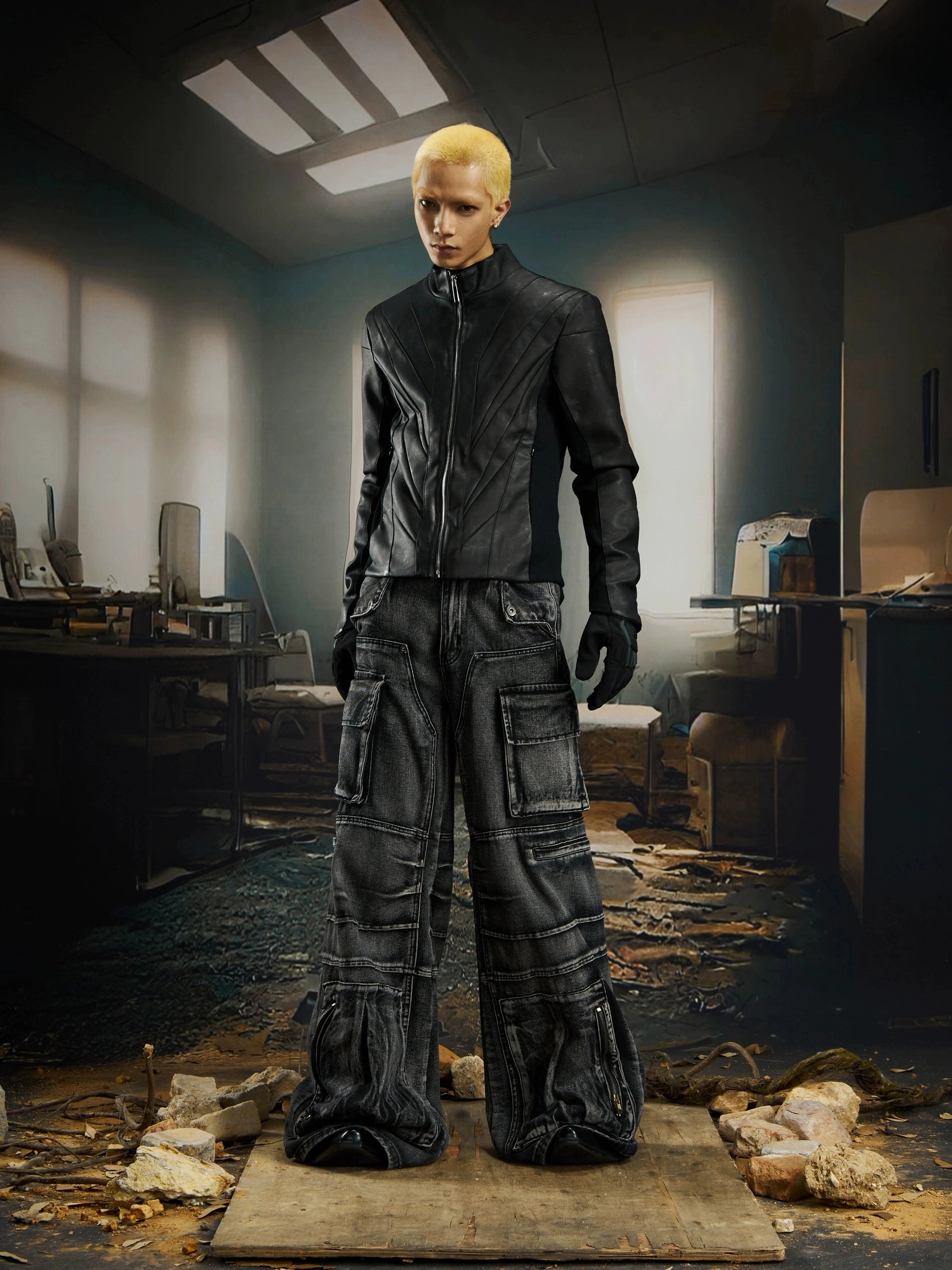 NUndefined Line Slim-Fit Short Stand-Up Neck Zipper Leather Jacket