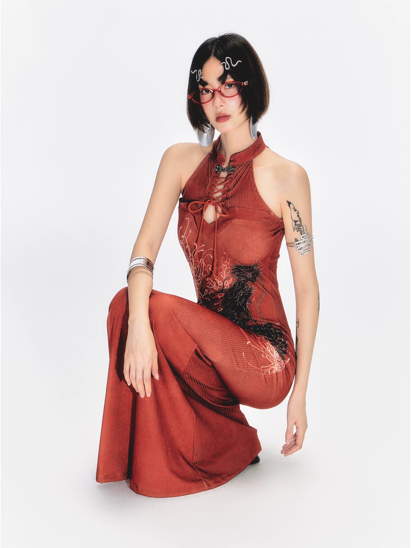 YEDM Dragon Print Cheongsam Stand-up Collar Sleeveless Dress