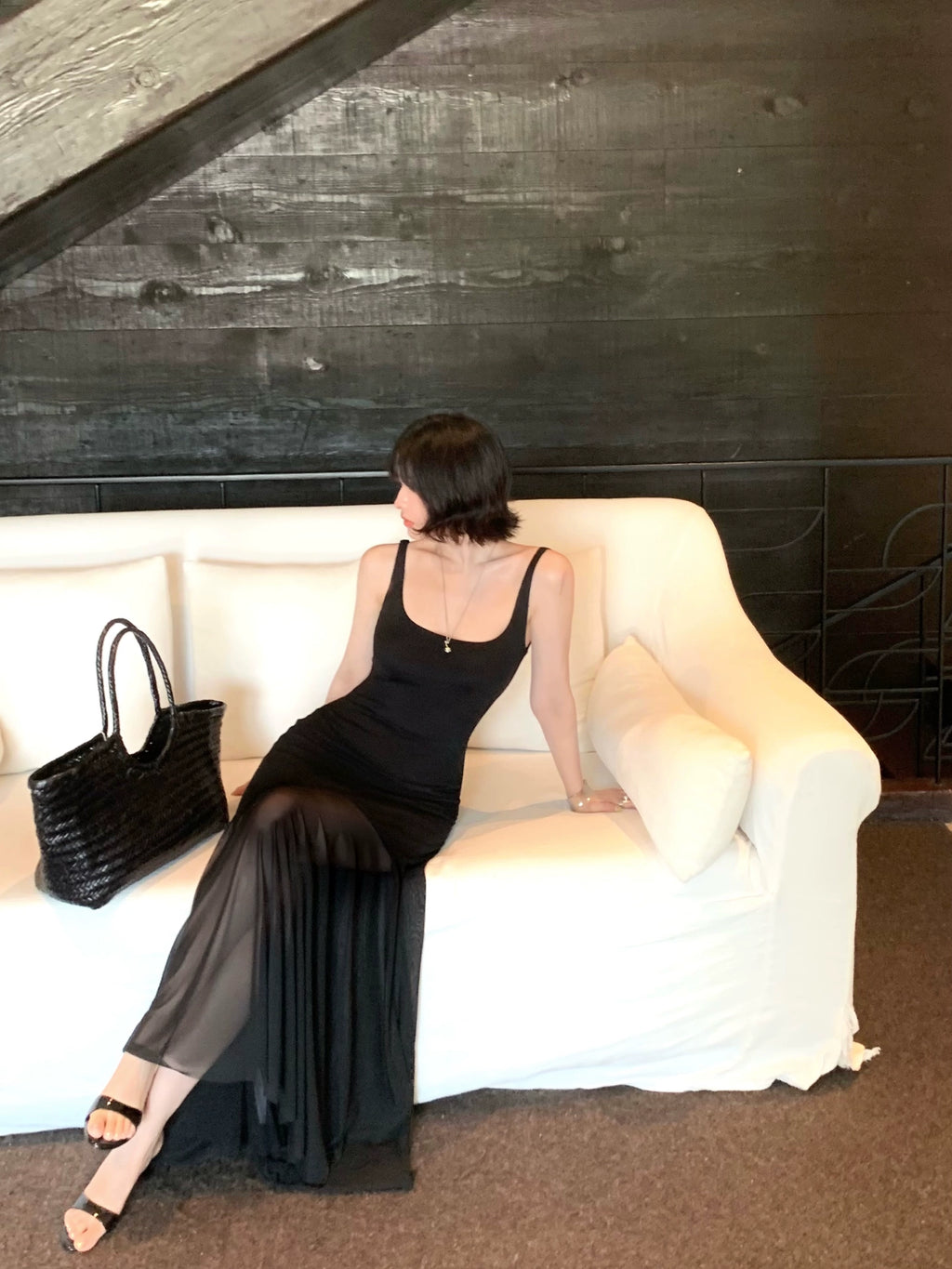 KELIFAN Slightly Sheer Pleated Vest Camisole Dress