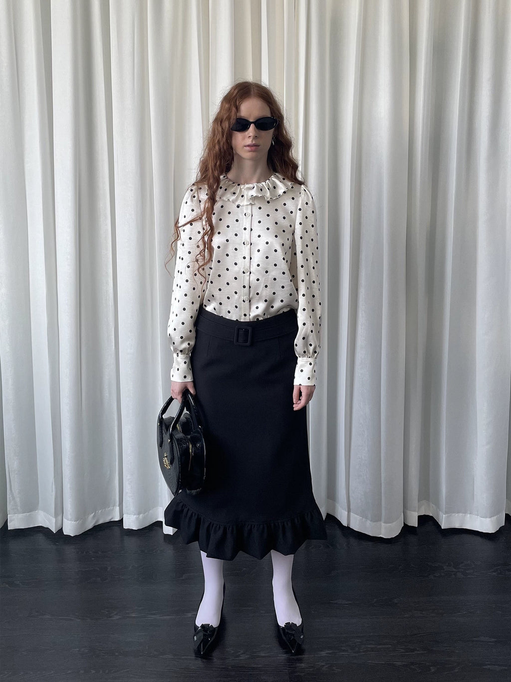 Loosesmell Fungus Edge Lace Collar Polka Dot Satin Long Sleeve Shirt