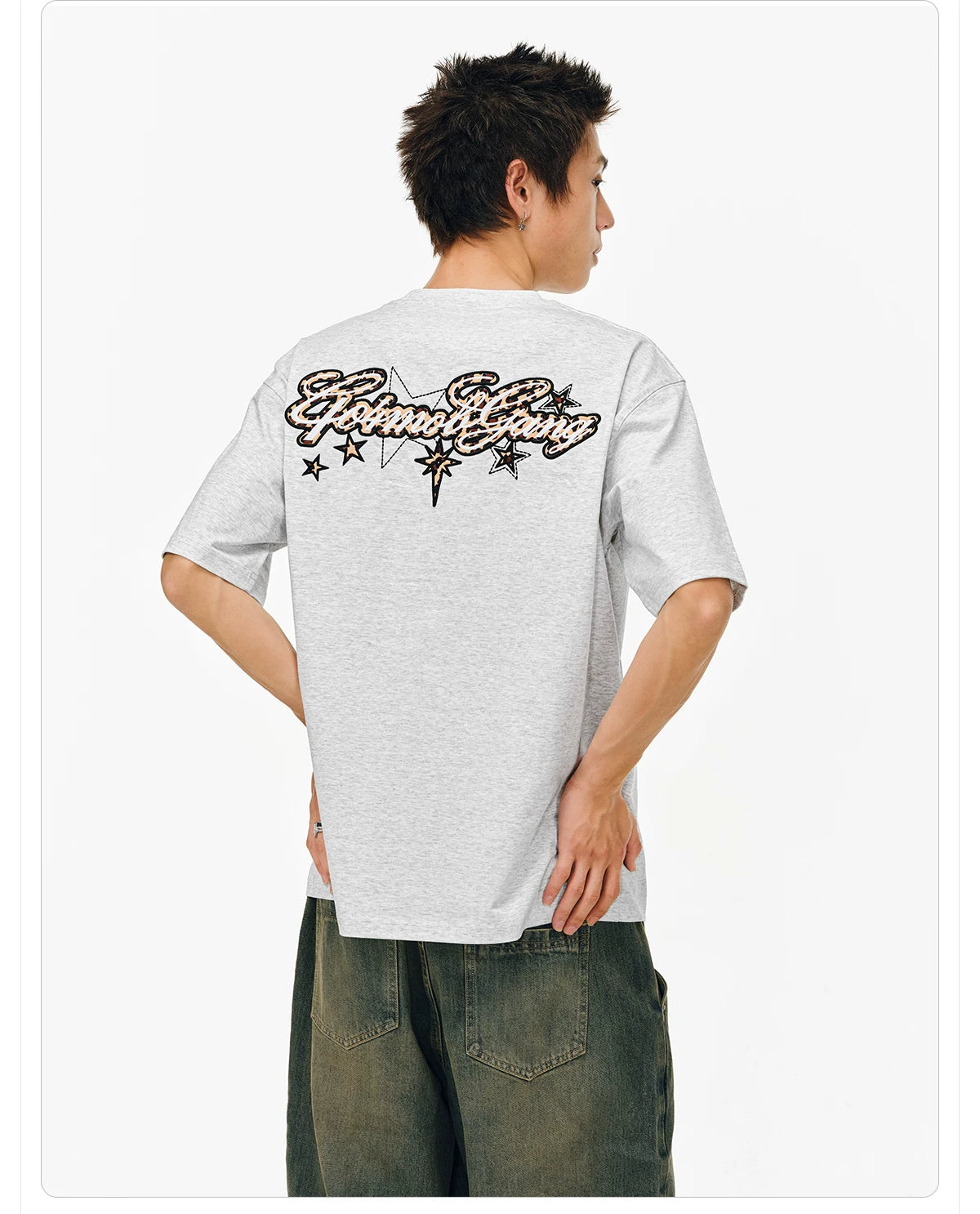 404MOB Leopard Print Star Embroidery Patch Loose Tee