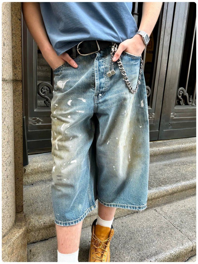 VLABMADE Old Ink Splashing A-shaped Wide-leg Loose Denim Pants