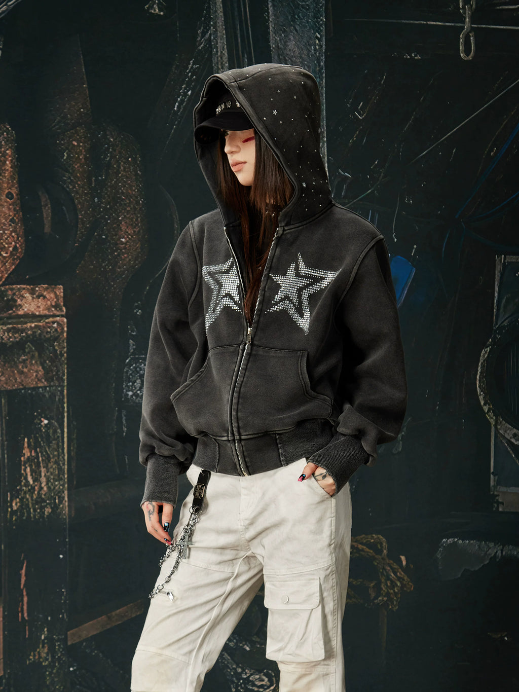 NOMANIAI Washed Hot Diamond Slim Fit Hooded Zipper Jacket