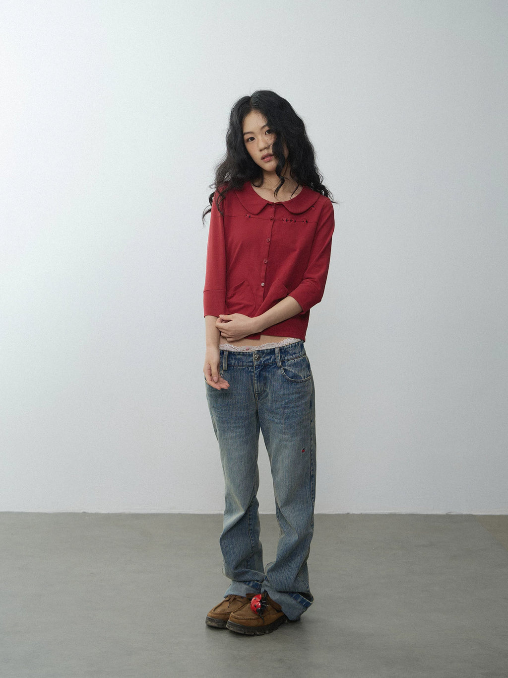 In Two Twos Beetle Embroidered Doll Collar Half Sleeve Shirt