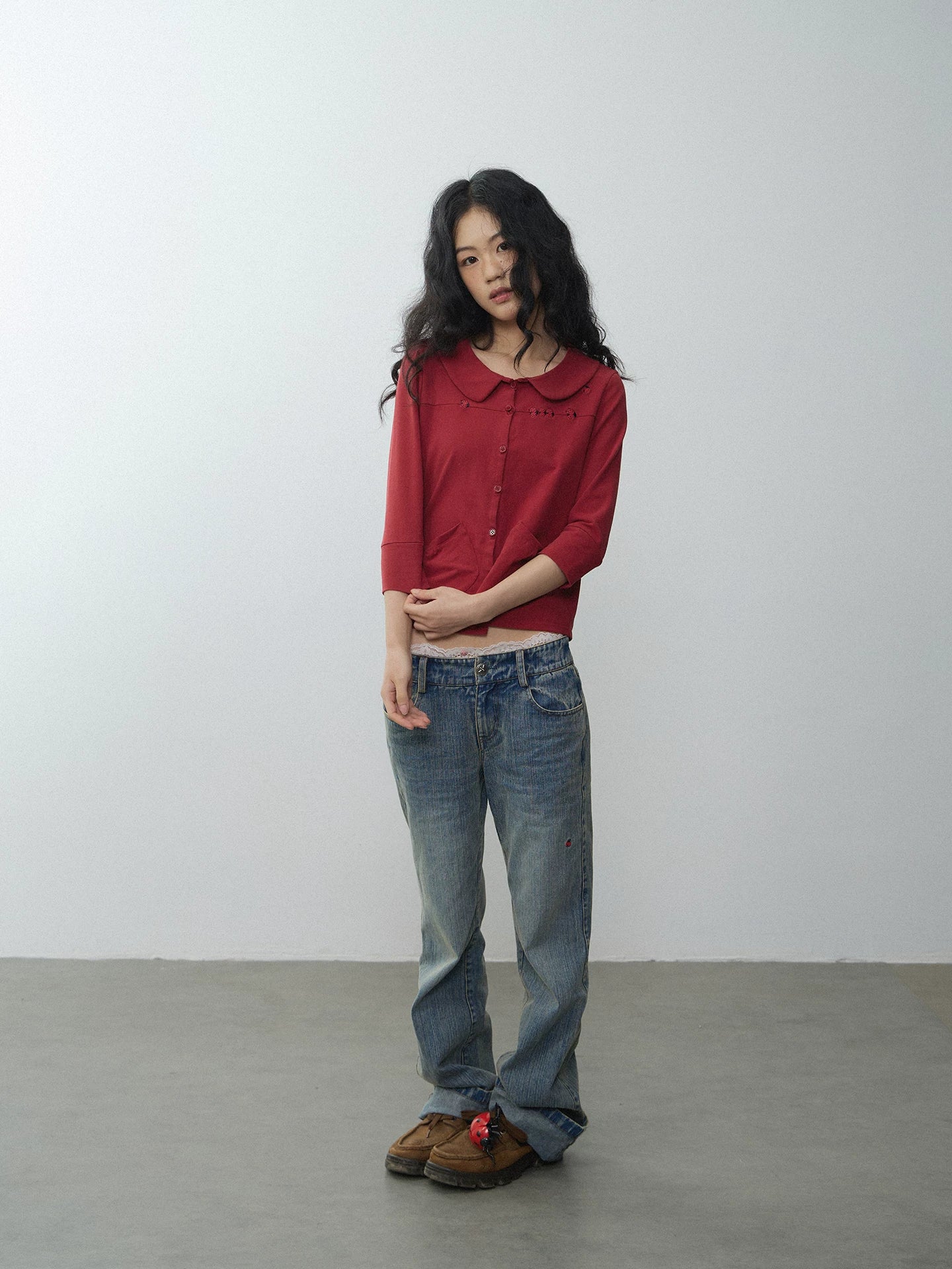In Two Twos Beetle Embroidered Doll Collar Half Sleeve Shirt