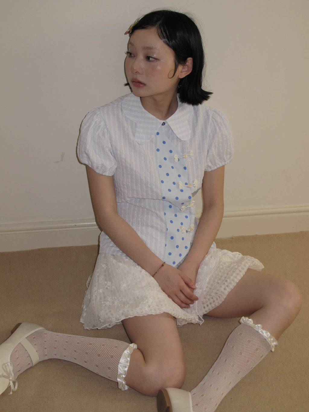 Loosesmell Checked Polka Dot Short Sleeve Shirt