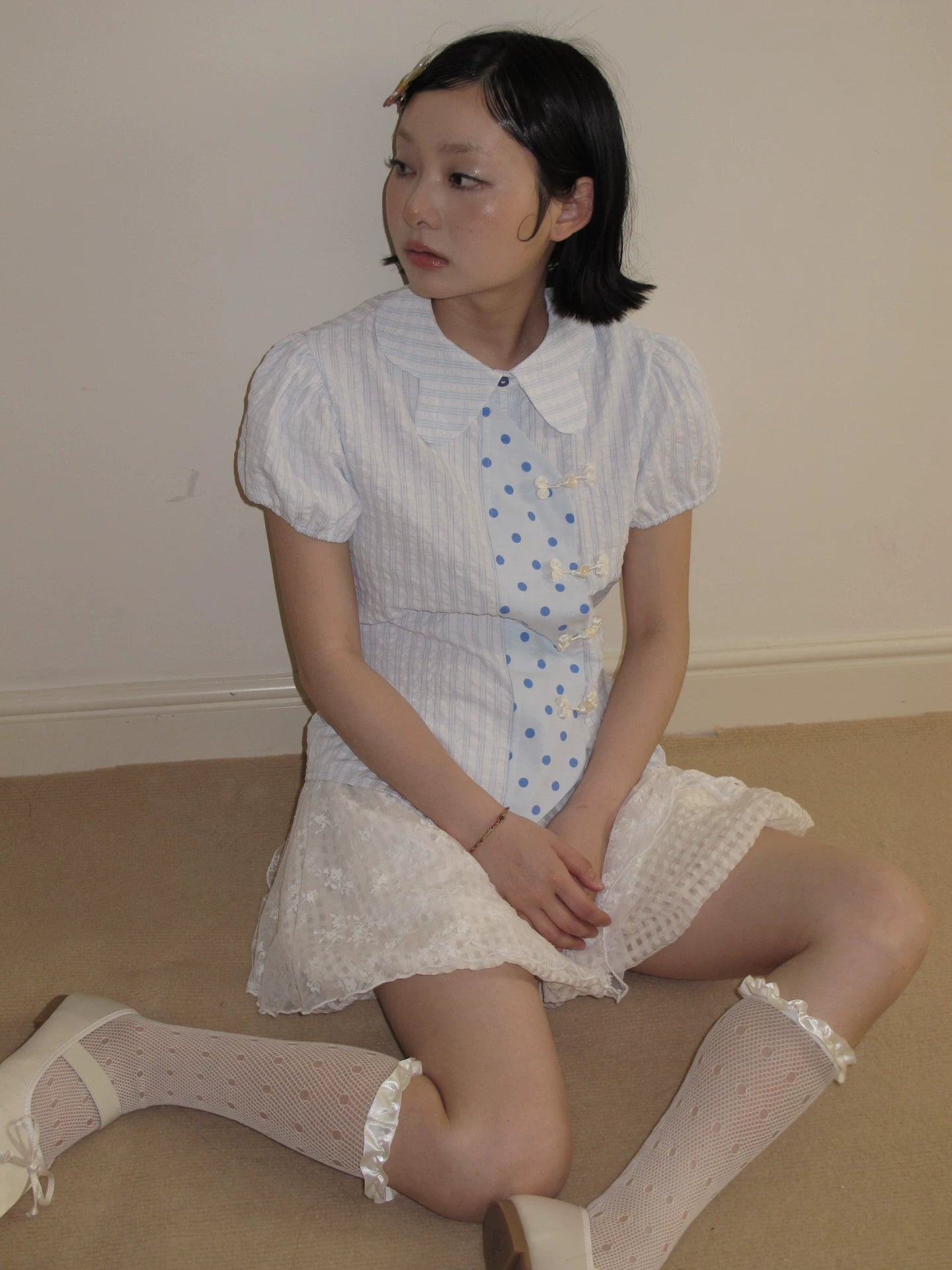 Loosesmell Checked Polka Dot Short Sleeve Shirt