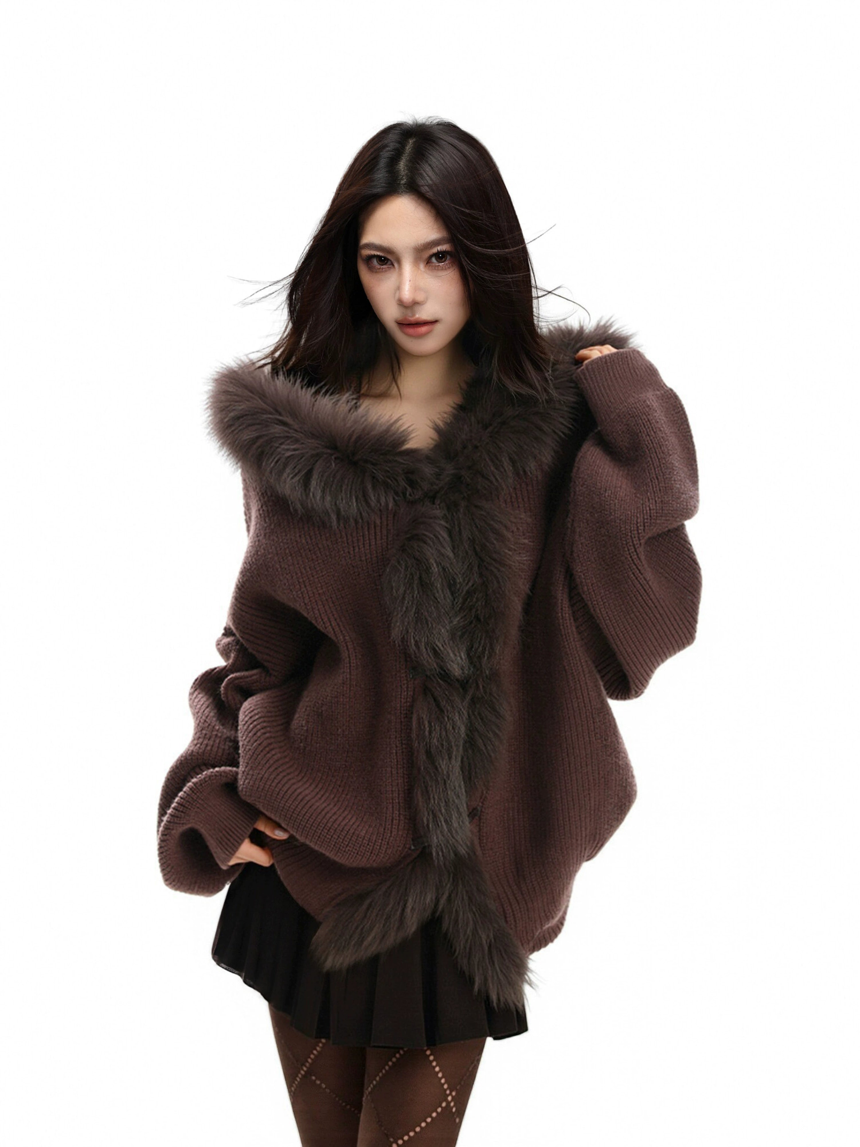 KDASE Fur Collar Splicing Sweater Jacket