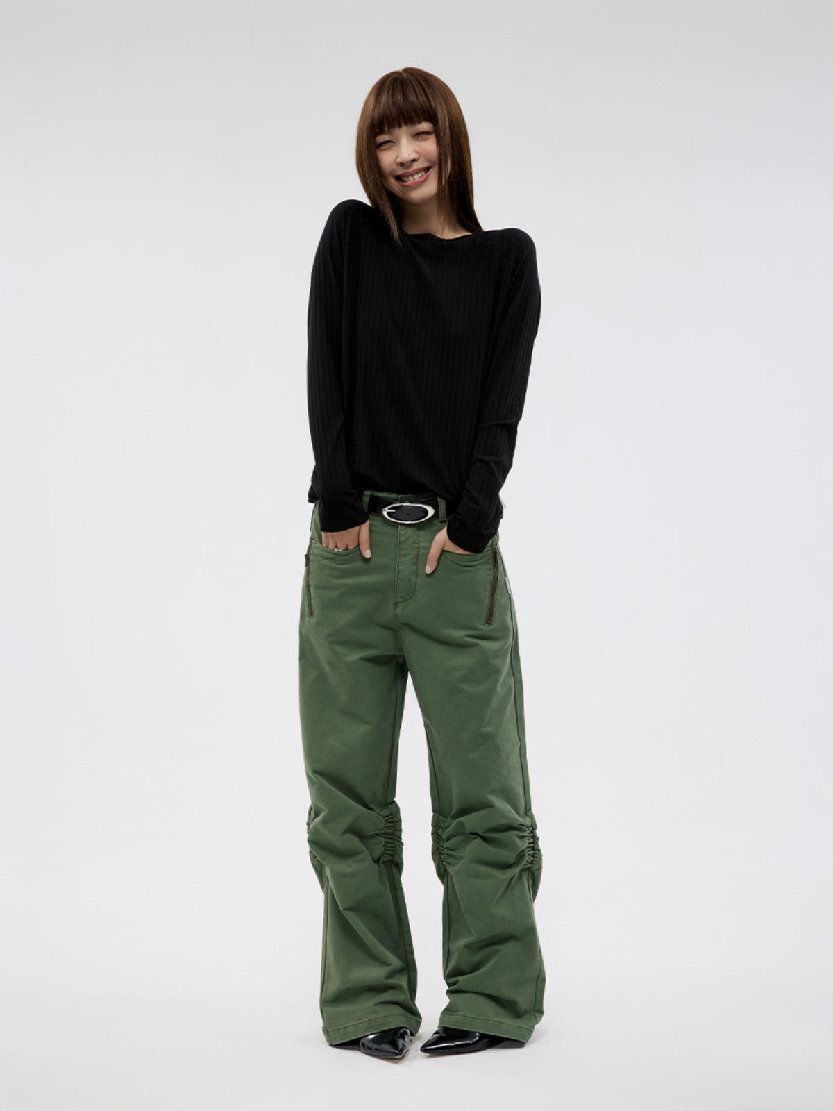 FUNKYFUN Rubber Band Pleated Design Straight Casual Pants