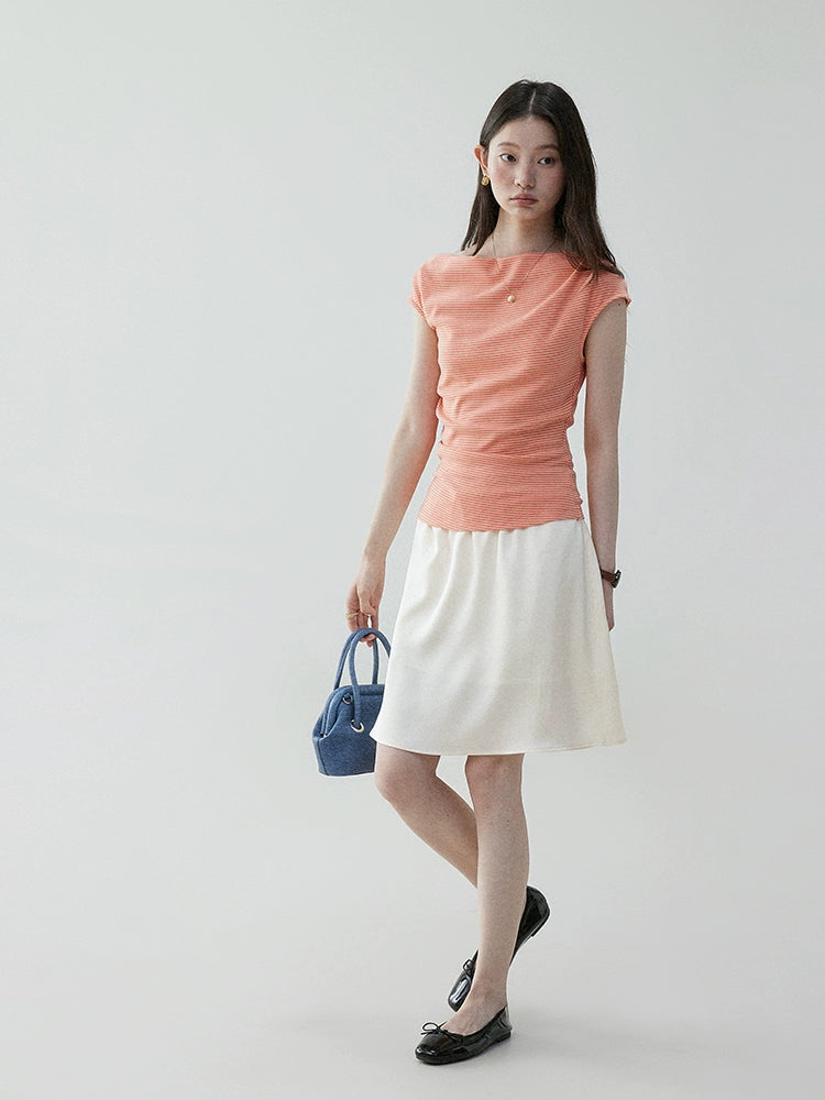 VOOE One-Neck Slash Shoulder Pleated Skinny Striped Tee