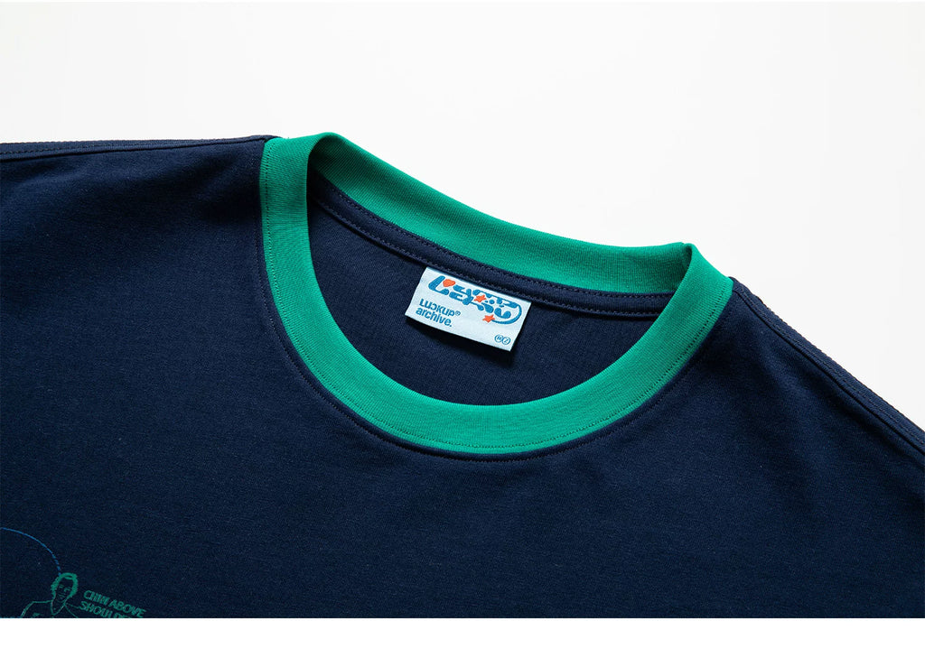 LUCKUP Retro Loose Contrasting Color Round Neck Tee