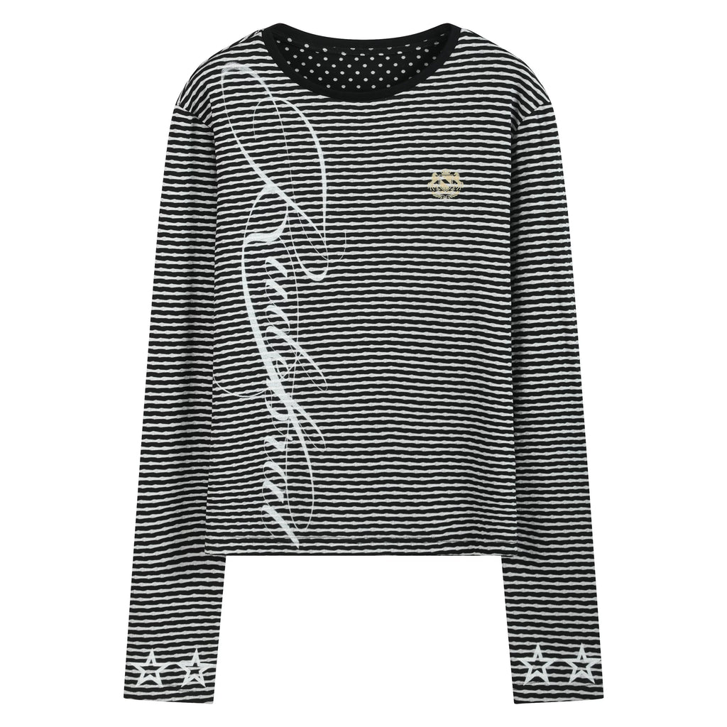 NoEmosen Stripe Print Splicing Crew Neck Long Sleeve