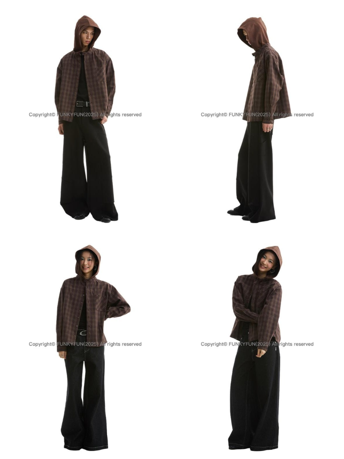 FUNKYFUN Plaid Fake Two-piece Hooded Shirt Jacket