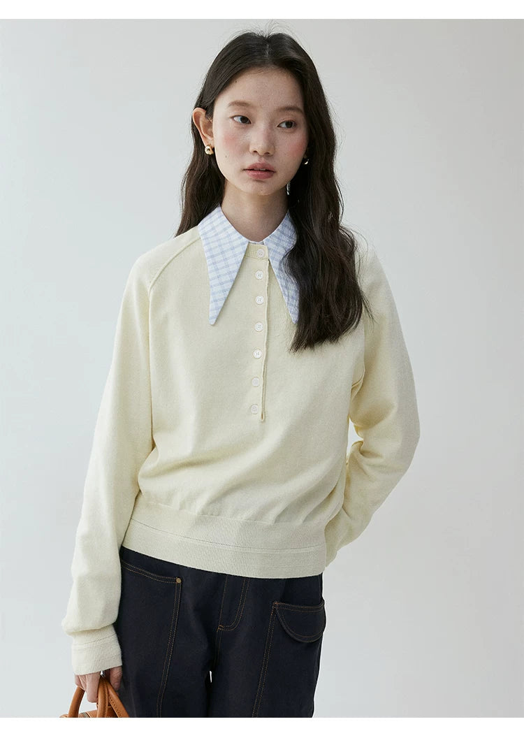 VOOE Half-open Button Round Neck Loose Knitted Long Sleeves