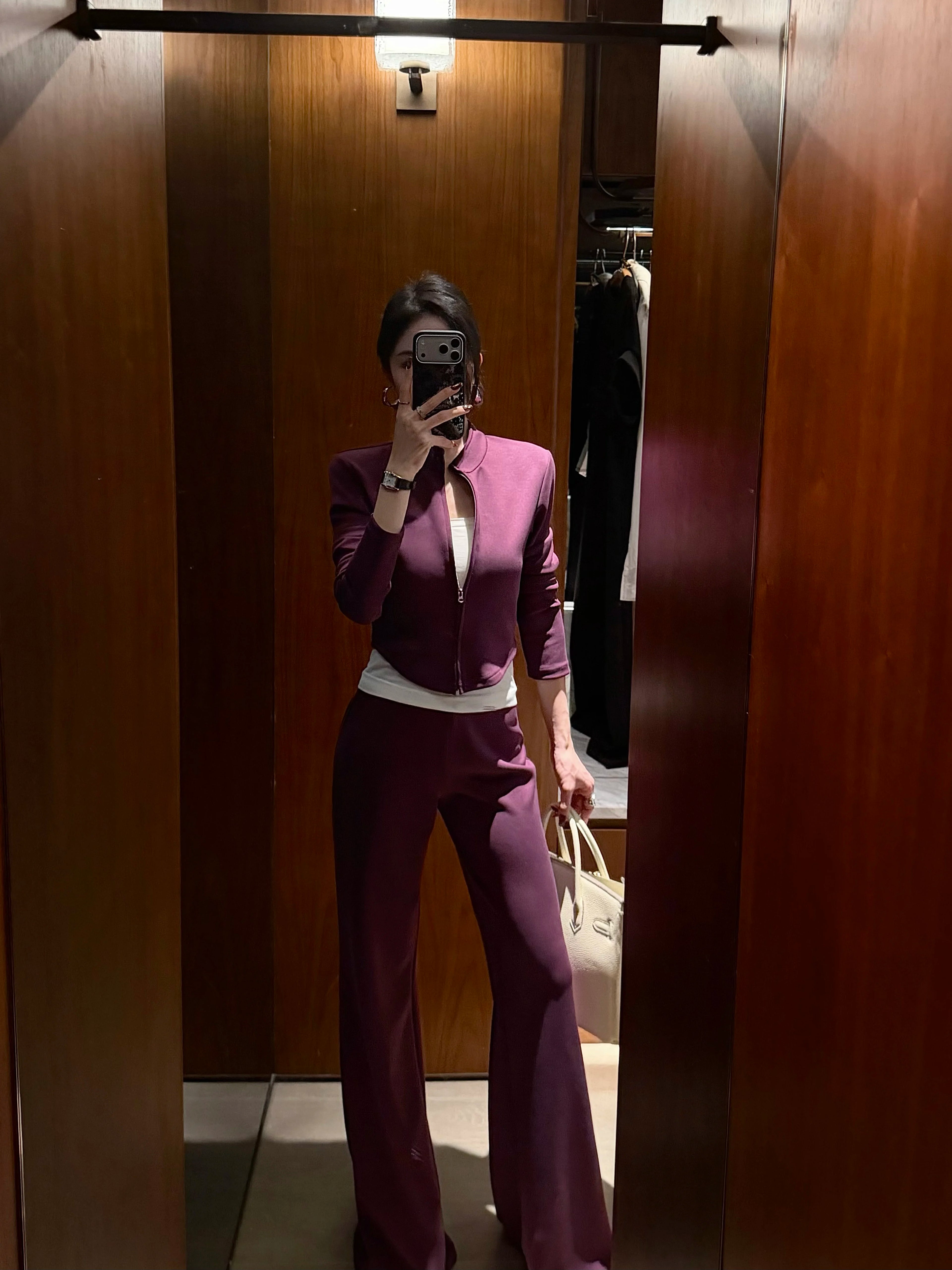 CHUYUQI Casual Short Zipper Top Flared Pants Two-piece Set
