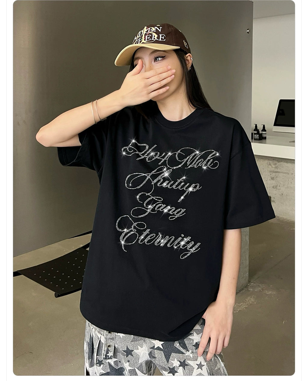 404MOB Alphabet Hot Diamond Loose Casual Tee