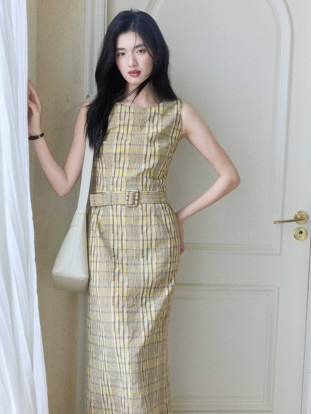 TYANG Plaid Lapel Temperament Sleeveless Dress