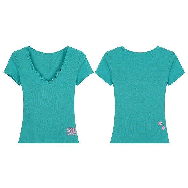 EAHO V-neck Button Letter Print Slim Tee