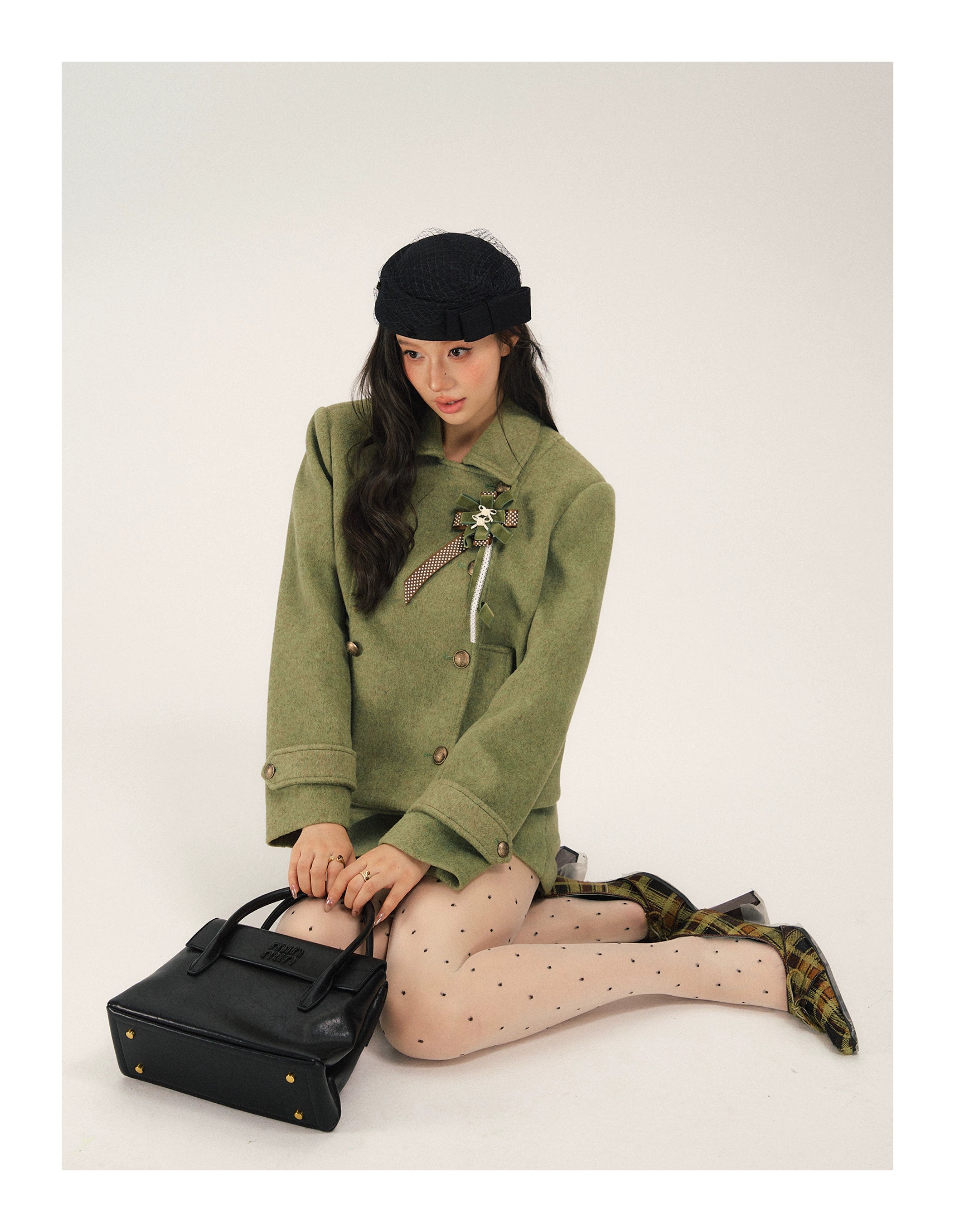 SASSY MOODY Retro Double-breasted Woolen Jacket A-shaped Skirt Set