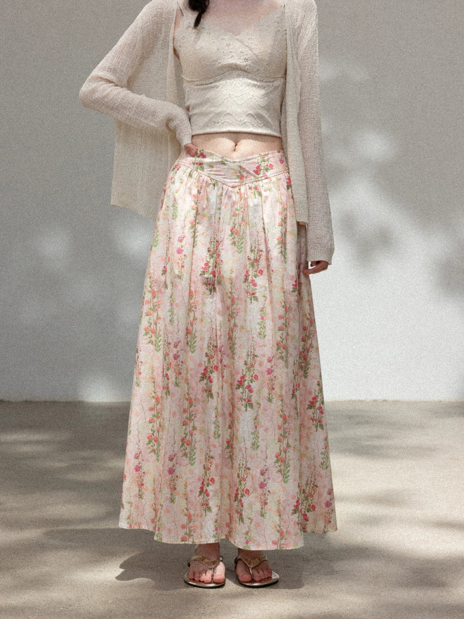 Cantonstory Floral High Waist Slim Skirt Knitted Cardigan Set
