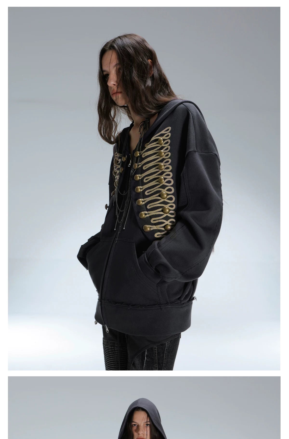 DoublePunch Embroidered Metal Buckle Loose Hooded Jacket