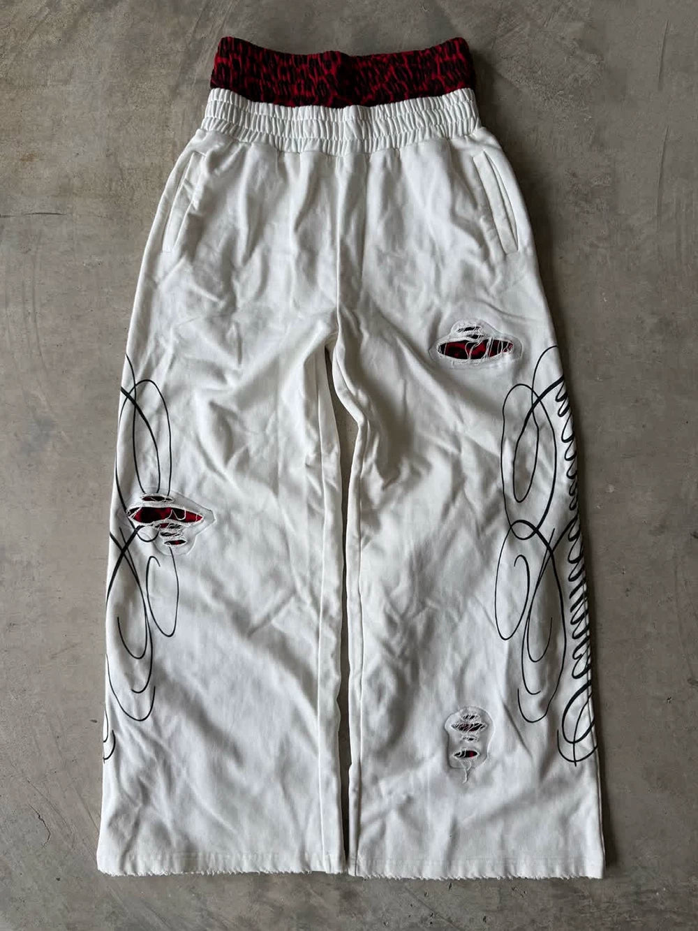 FTS Vintage Double Waist Leopard Print Ripped Loose Straight Sweatpants