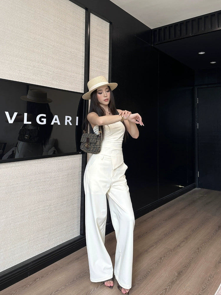 LLROGE Short Strapless Tube Top + High Waist Wide Leg Straight Casual Pants
