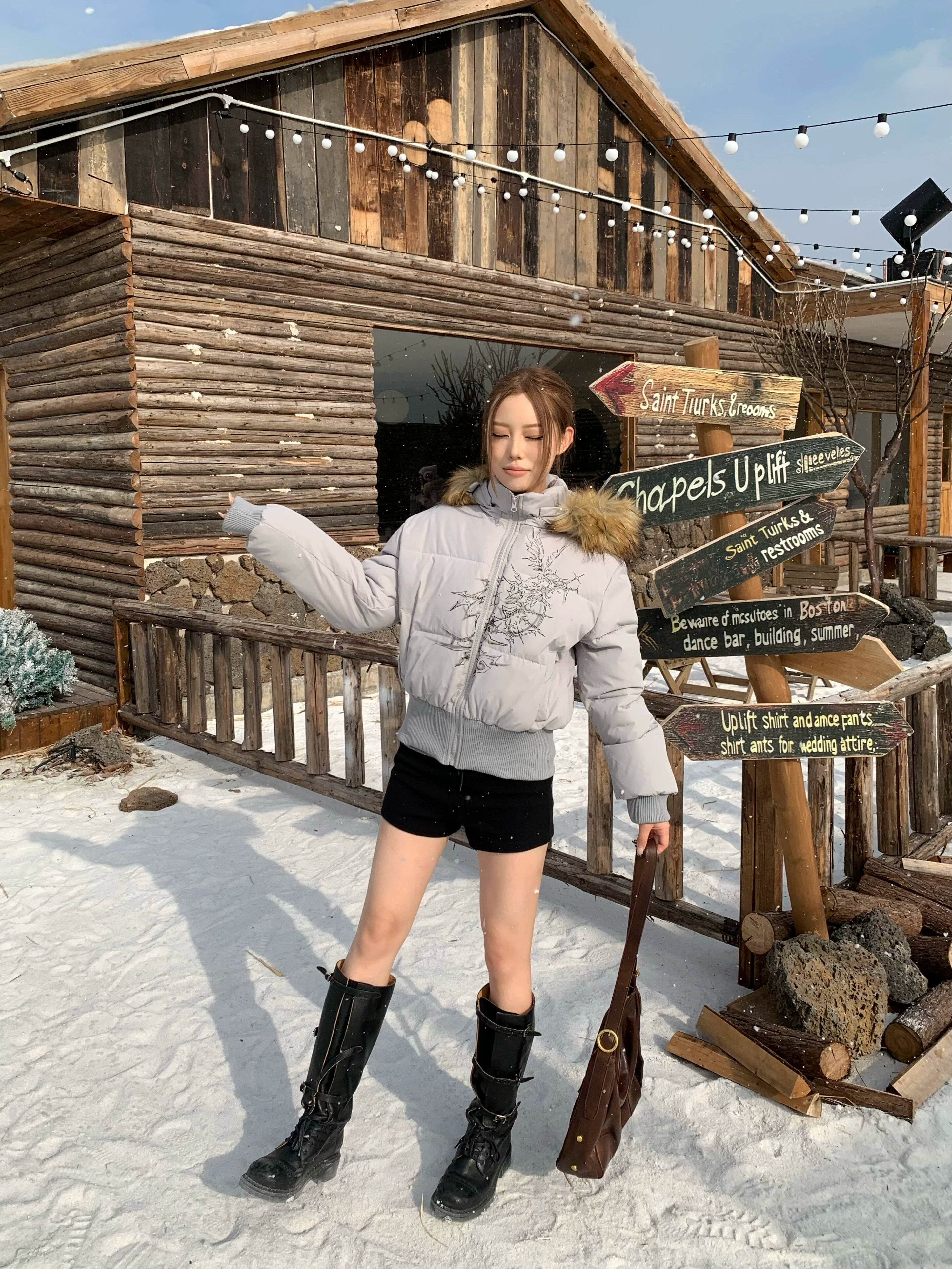 BANGU Hooded Short Fur Collar Cotton Jacket