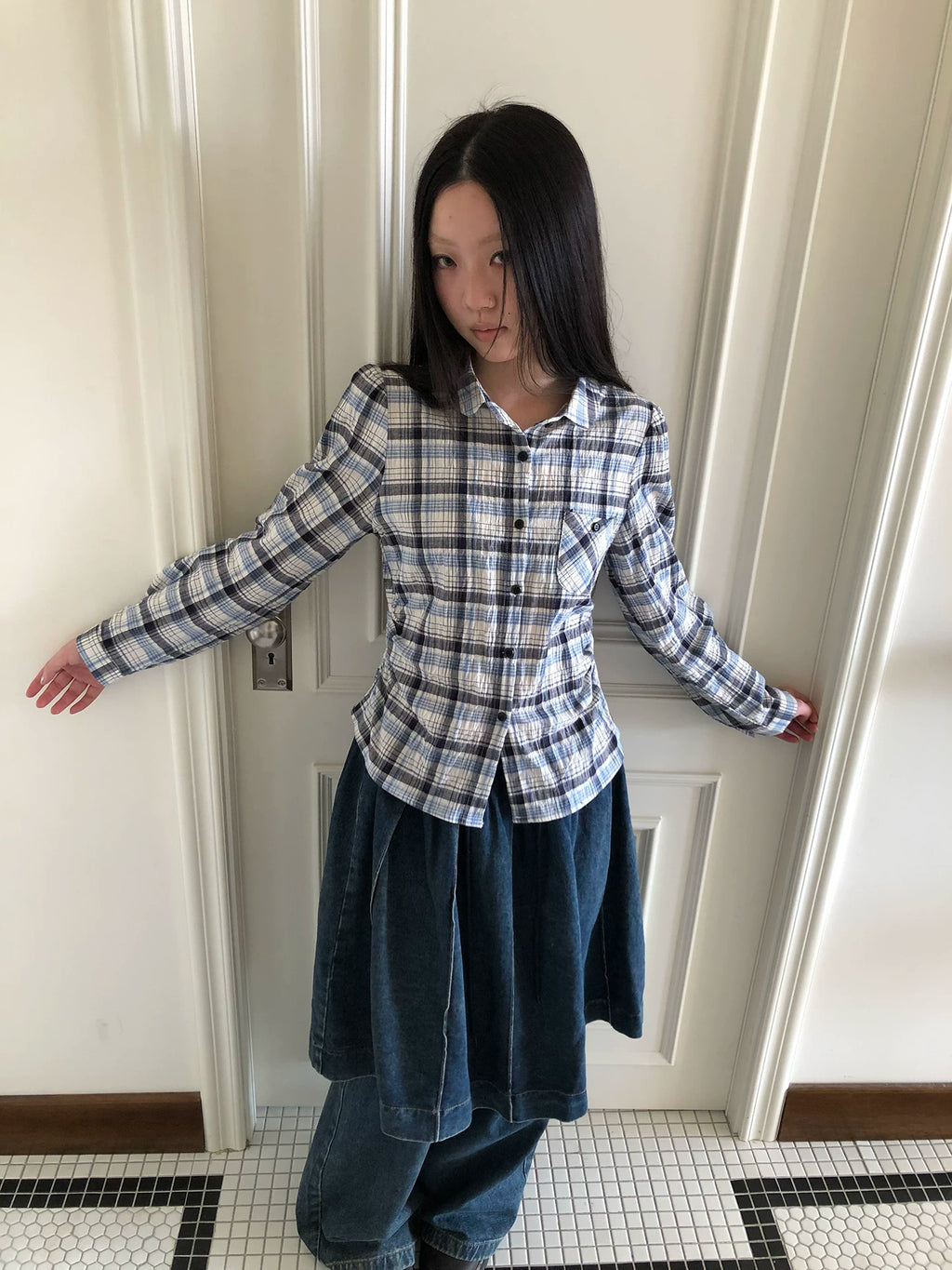 Ang: Project Vintage Versatile Casual Waist Plaid Long-sleeved Shirt