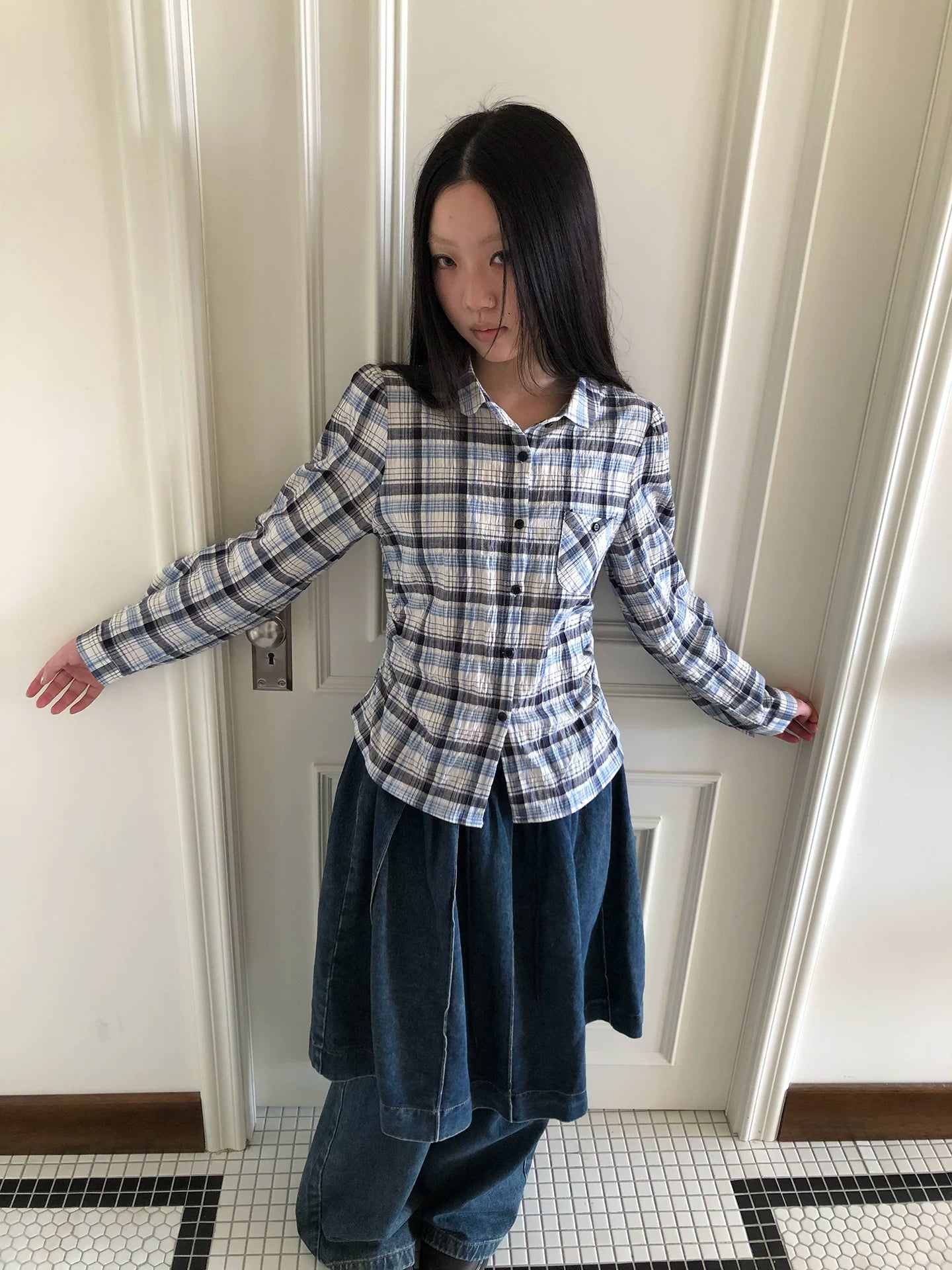 Ang: Project Vintage Versatile Casual Waist Plaid Long-sleeved Shirt